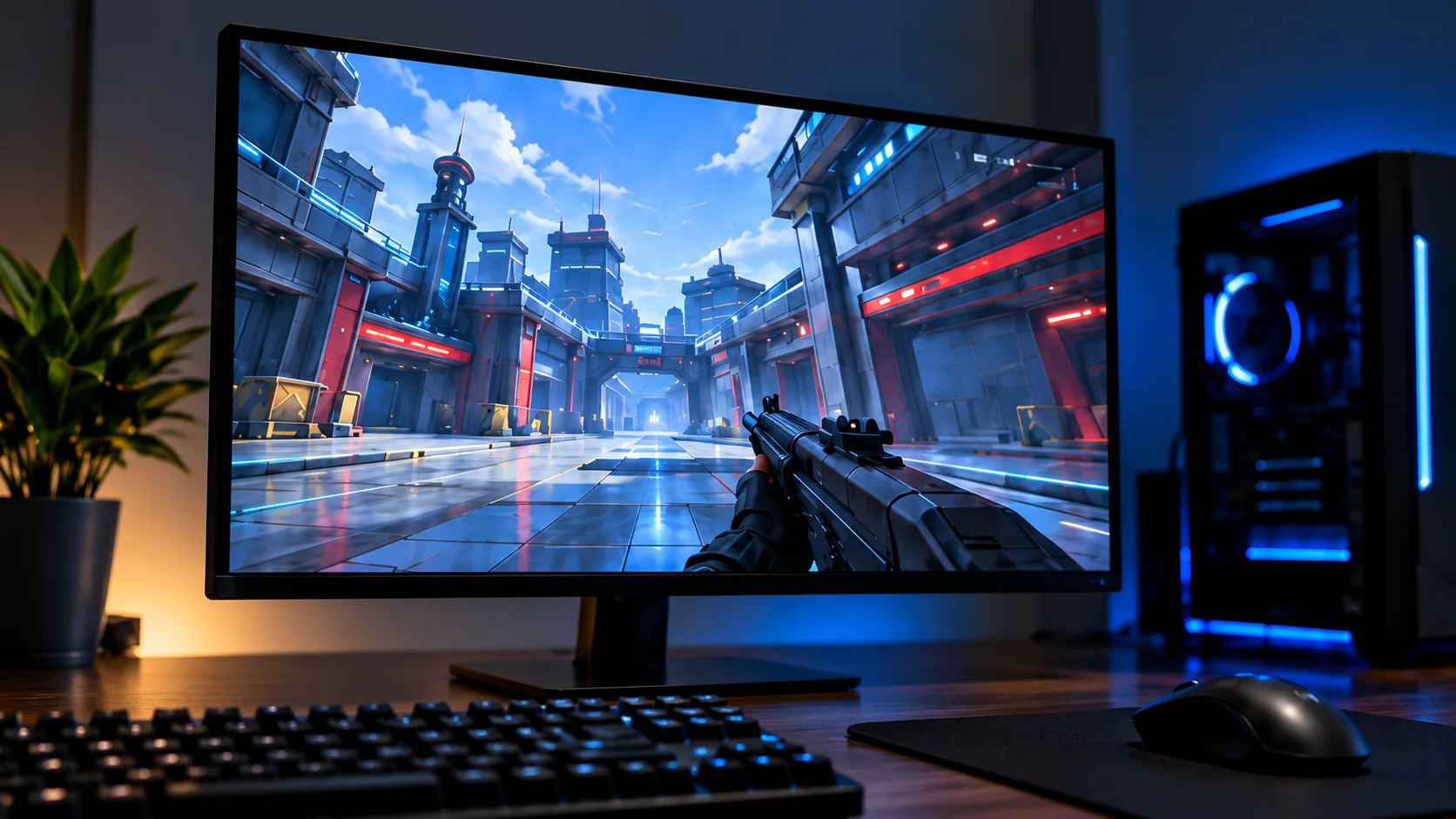 Illustration of a gaming monitor showing a fast-moving arena
